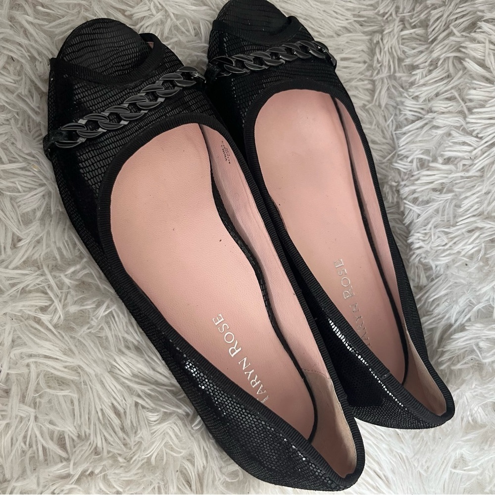 Taryn Rose ACI Black Snakeskin Print Peep Toe Chain Flats C205/17178‎ Size 5.5M